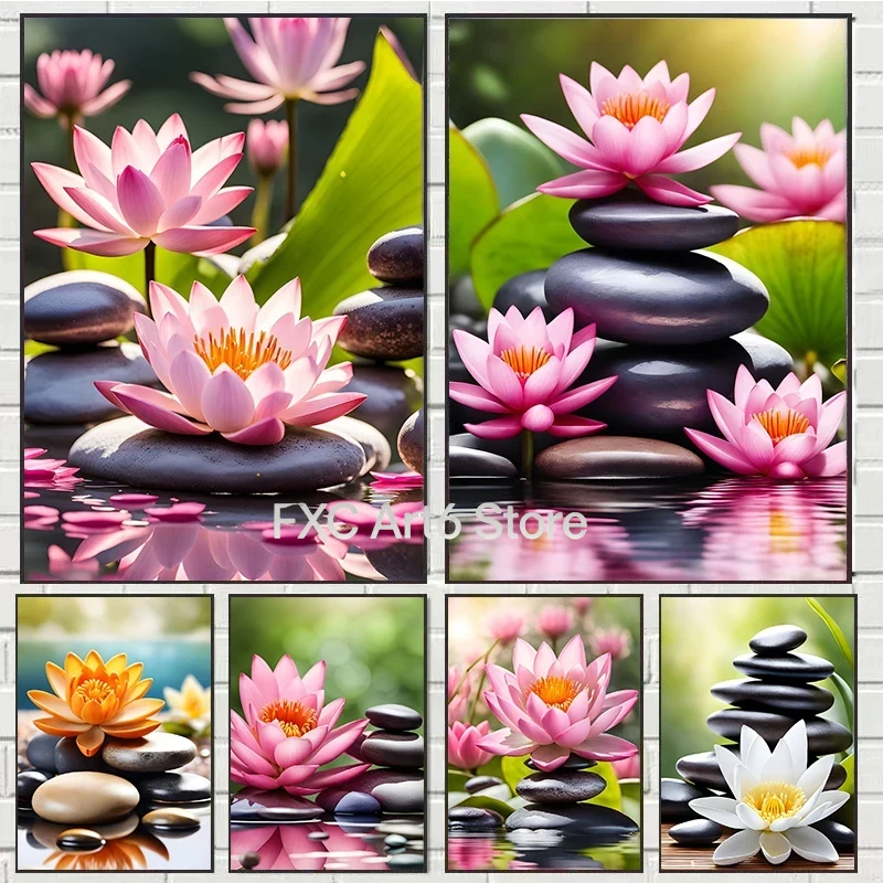 Yoga And Fitness Studio - ภาพพิมพ์บนผ้าใบลายดอกซากุระ ดอกลิลลี่ ดอกบัวสีชมพู แบบไร้กรอบ 1 ชิ้น
