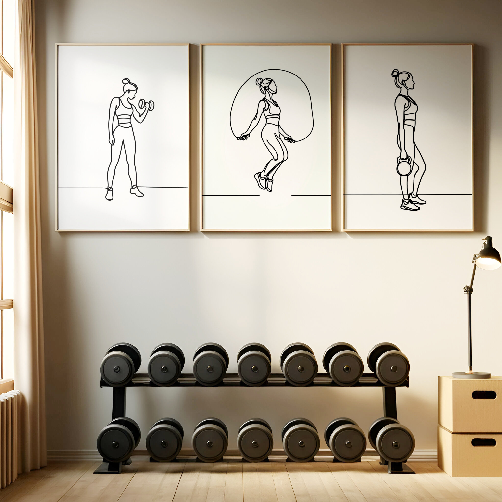 Yoga And Fitness Studio - โปสเตอร์ศิลปะนักกีฬาหญิง 3 ชิ้น: ภาพวาดเส้น, ยกน้ำหนัก, และกระโดดเชือก